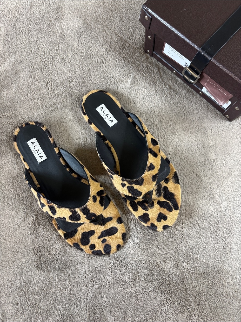 Alaia pony hair Leopard Print Slide Sandals - Tan & Black